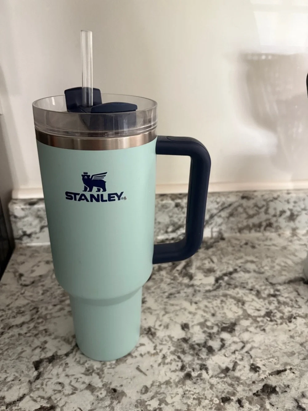 Stanley Mint Green Travel Tumbler with Navy Handle - Picture 1 of 8